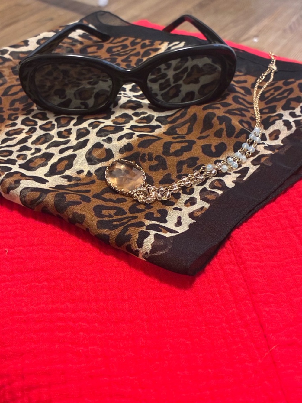 Breakfast at Tiffany’s Bundle: Vintage Leopard Scarf, Gold Necklace, Blk Shades - Picture 2 of 13